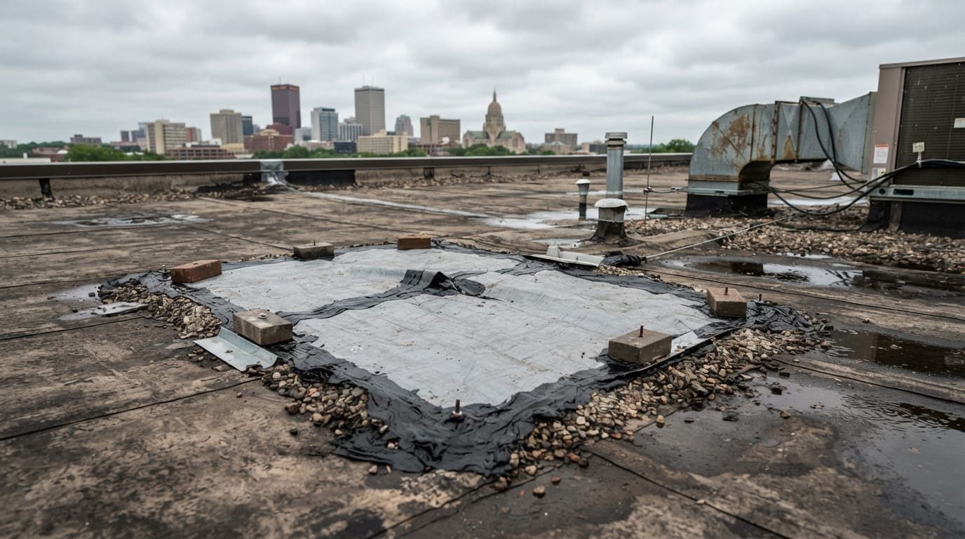How Much Does Emergency Roof Tarping Cost in St. Paul? A reinforced tarp covers a puncture on a commercial roof, with the Saint Paul skyline in the background.