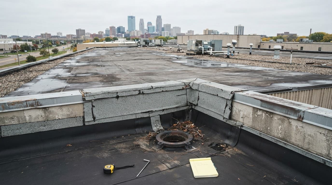 Can Wind Damage Roof Drains on Commercial Buildings Without Immediate Leaks? Commercial roof with drains, seams, flashing, and parapet edges after a windstorm.