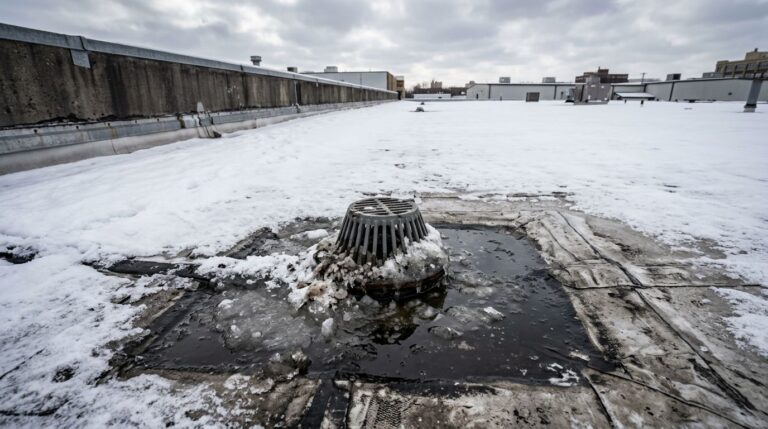 A snow-covered roof drain surrounded by meltwater and ice on a commercial warehouse roof.