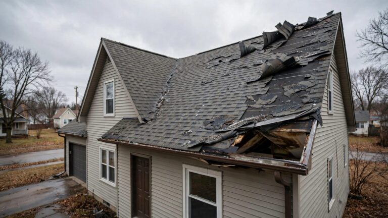 Vacant Minnesota home with wind-damaged shingles and a small attic leak.