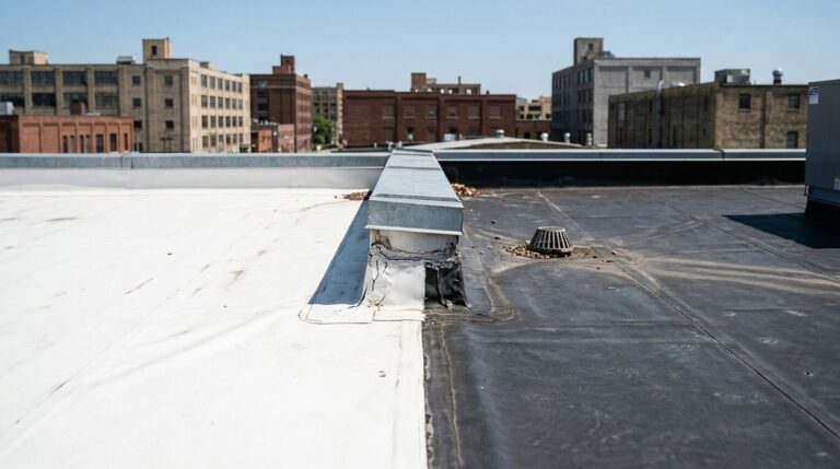 White TPO and dark EPDM roofing show heat stress on a sunny Minnesota rooftop.
