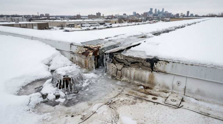 Snow and ice surround a damaged expansion joint and blocked roof drain.