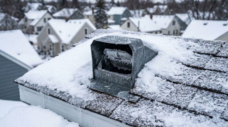 A bathroom roof vent buried under snow and ice on a Minnesota home.