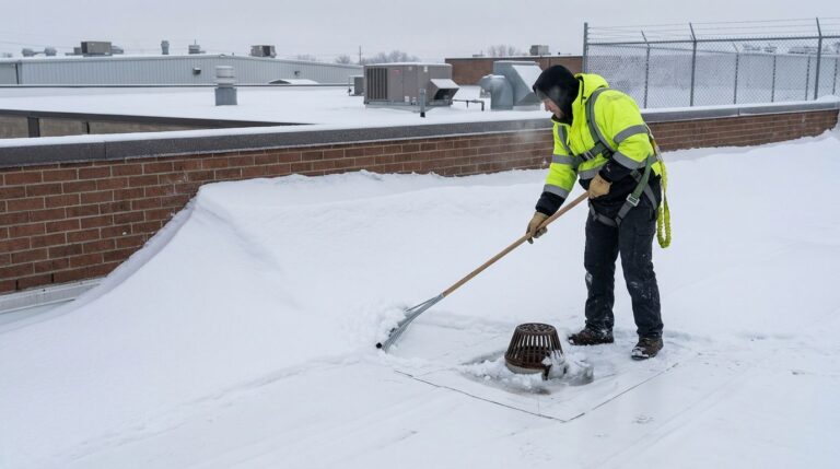 Roofer carefully clears snow from a TPO roof near a blocked drain.