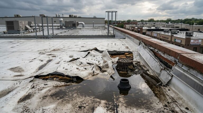 Storm damage and pooled water cover a commercial flat roof near warehouse buildings.