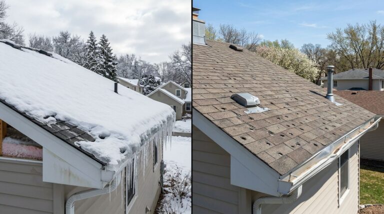 Split view of winter ice damage and spring hail damage on a Minnesota home.