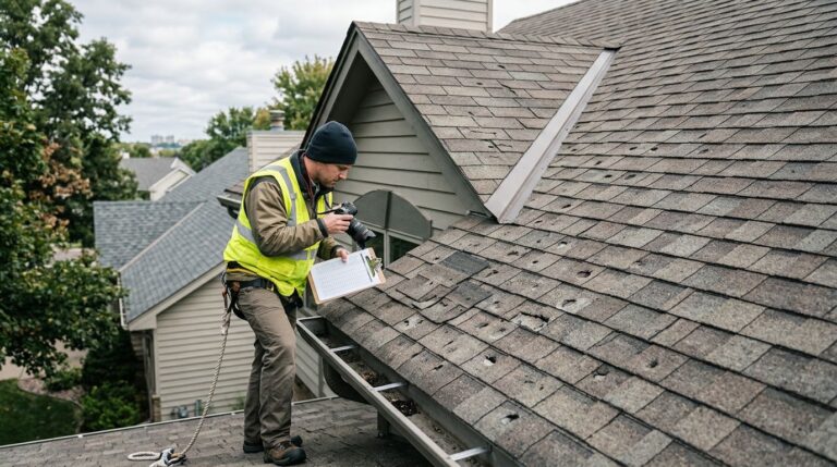 Inspector examining hail-damaged shingles on a Minnesota suburban home.