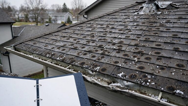Hail bruises and ice pellets cover a Minnesota roof beside an open policy folder.