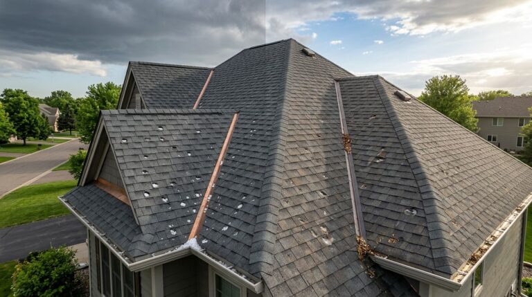 Minnesota home roof showing fresh hailstones beside older storm damage.