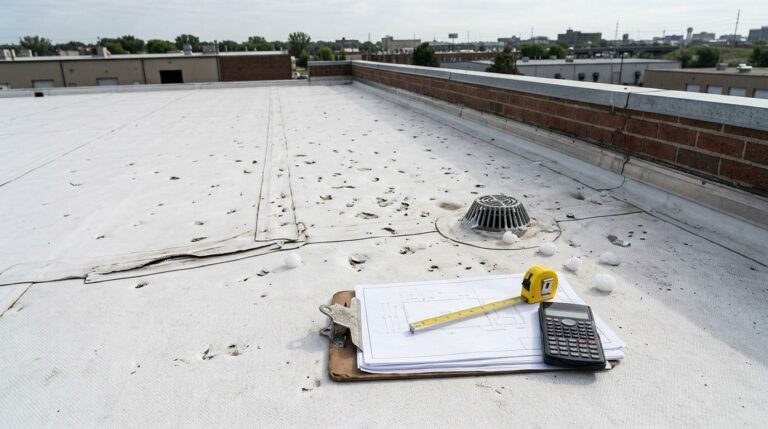 A hail-damaged warehouse roof with exposed seams, drains, and inspection tools on a clipboard.