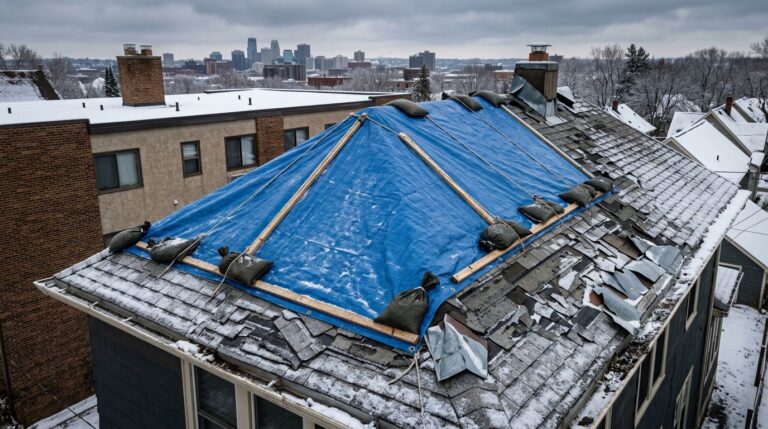 Blue tarp secured over a damaged, snow-covered residential roof.