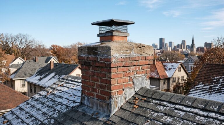 Brick chimney crown with cracks, worn sealant, and water pooling beside snowy shingles.