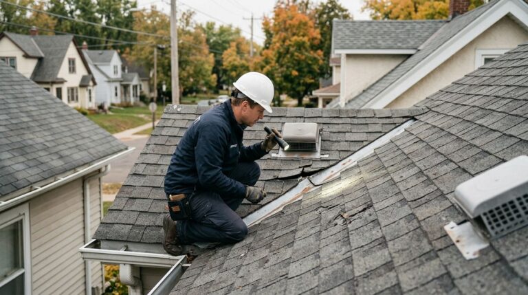 Inspector checks worn shingles and cracked flashing on a St. Paul home roof.
