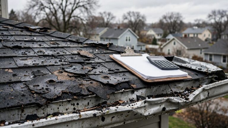 Hail-damaged roof with claim papers and a calculator on a clipboard.