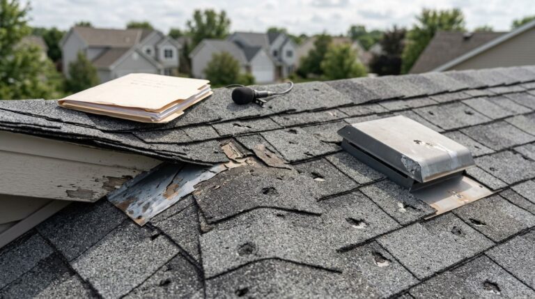 Hail-damaged roof shingles with exposed flashing, a vent, and an insurance folder nearby.