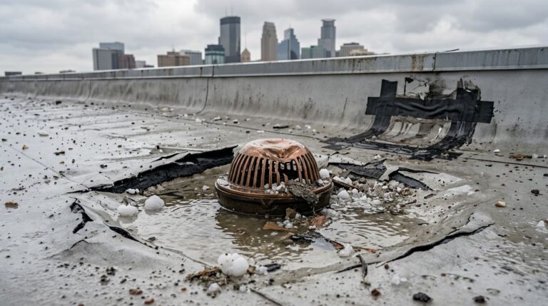 A damaged roof drain, torn membrane, hailstones, and pooled water on a commercial roof.