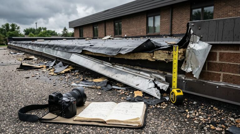 A damaged flat roof with debris, a tape measure, camera, and inspection notebook.