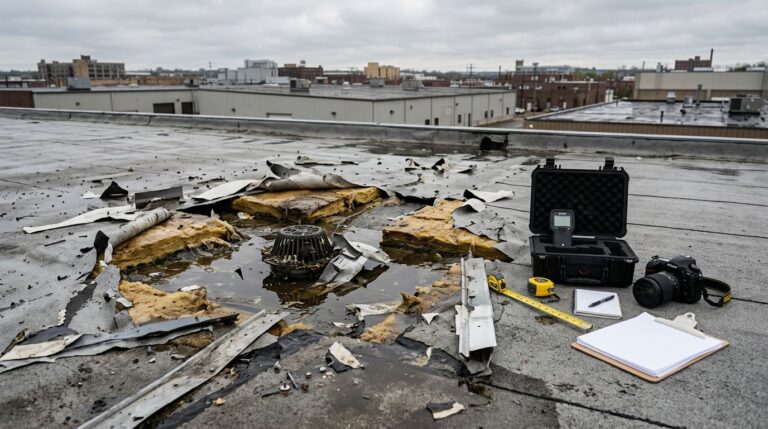 Storm-damaged commercial roof with torn membrane, pooled water, and inspection tools.