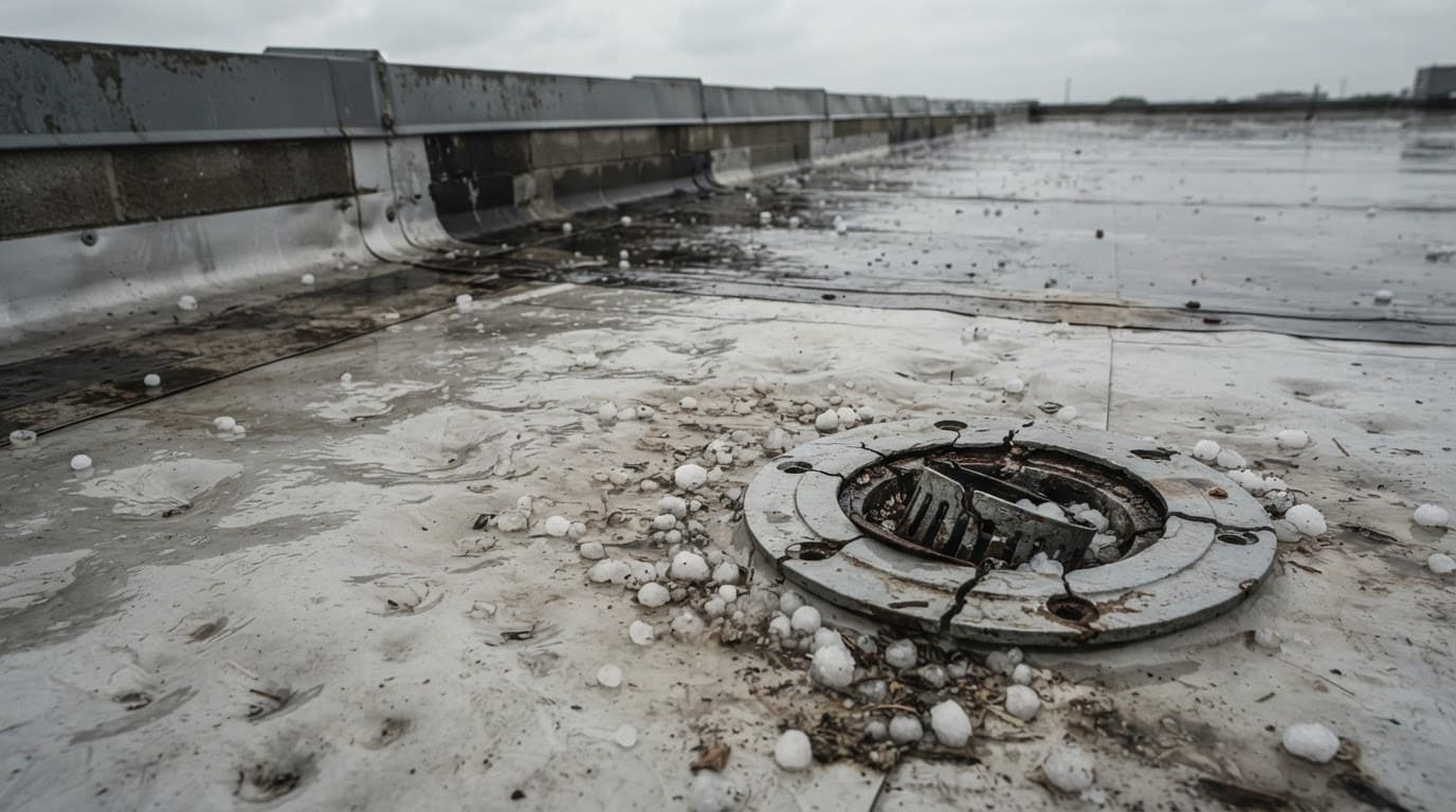 What Should Businesses Do After Hail Damages a Roof Drain? A damaged roof drain with hailstones on a wet commercial rooftop.