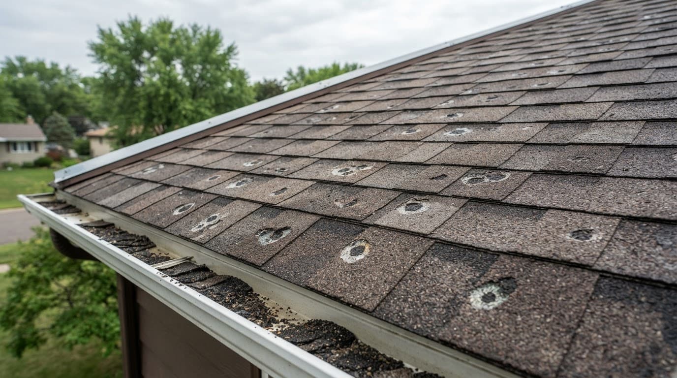 What Does a Minnesota Roof Claim Timeline Look Like After Hail? Hail marks and bruised shingles on a residential roof after a storm.