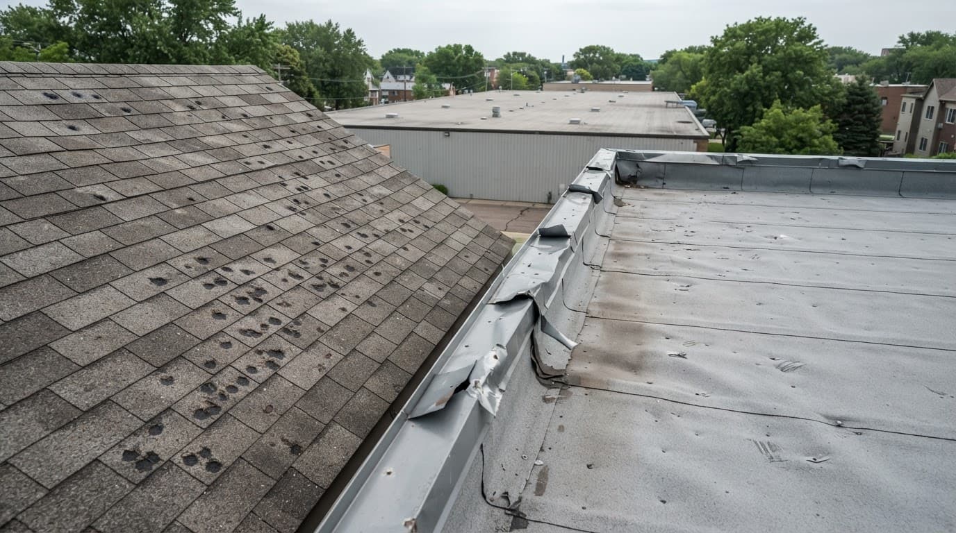 How Does a Hail Damage Deductible Work After Two Storms? Hail-damaged shingles and flashing beside a marked commercial roof in a Minnesota neighborhood.