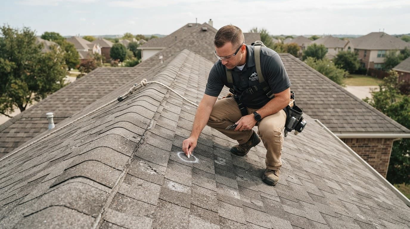 How Can You Tell Winter Roof Damage From Spring Hail Damage? A professional inspects hail damage on a roof.