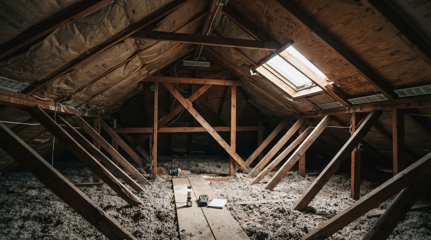 Should You Get a Roof Inspection Before Buying a St. Paul Home? Attic rafters and insulation visible beneath a residential roof.