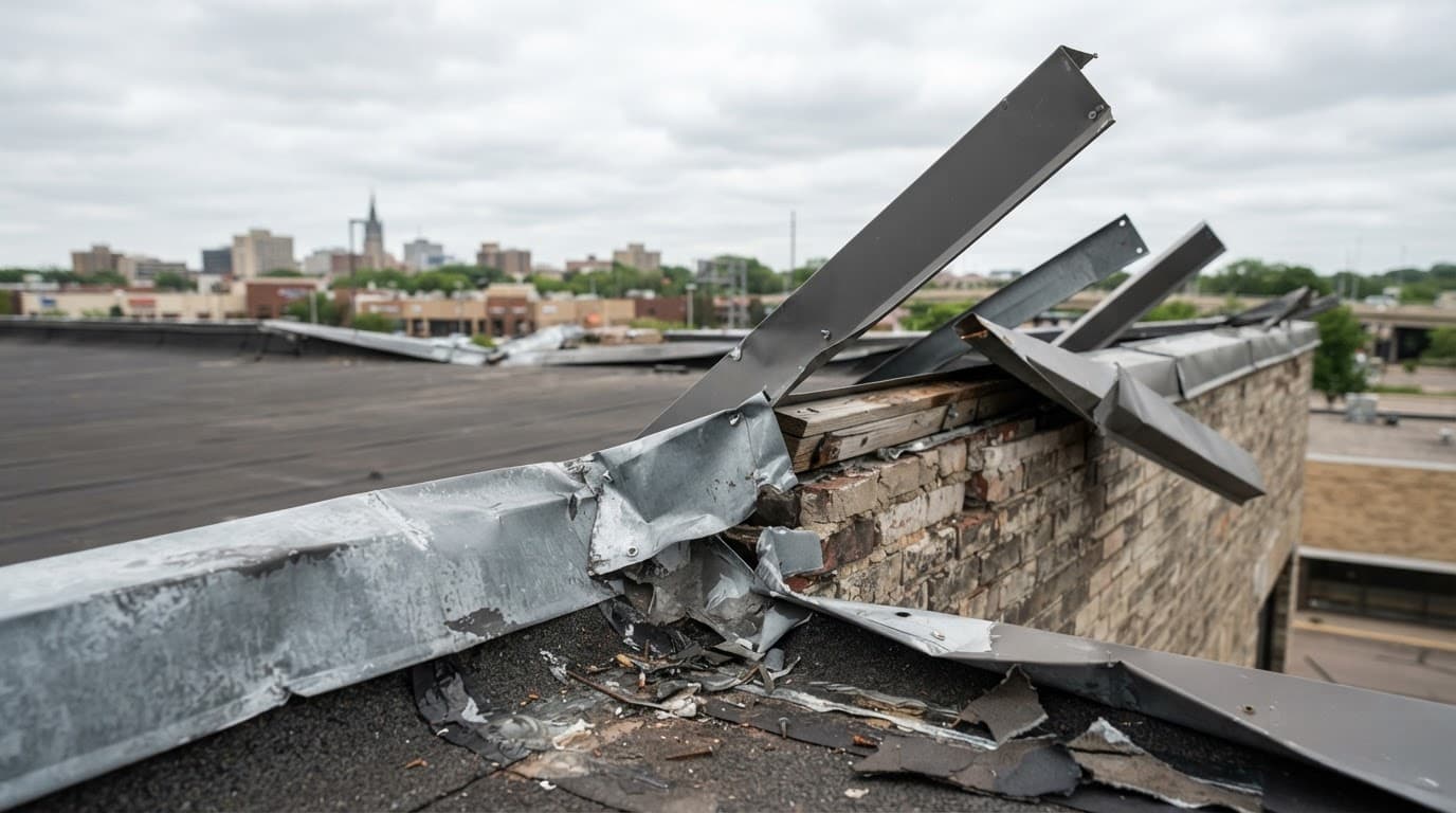 What Should Property Managers Photograph After a Windstorm? Damaged commercial roof flashing with lifted coping caps after a windstorm.