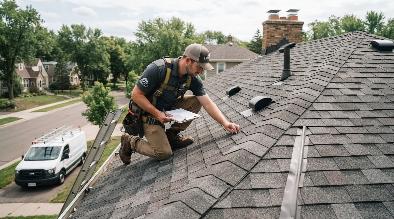 Should You Get a Roof Inspection Before Buying a St. Paul Home? Inspector with a clipboard examines a shingle roof beside a ladder.