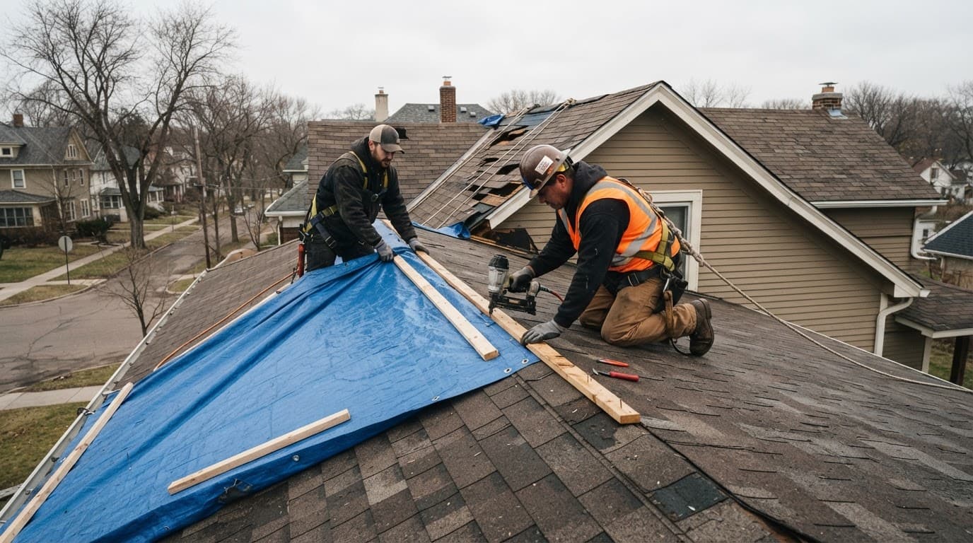 How Much Does Emergency Roof Tarping Cost in St. Paul? Two roofers secure blue tarps over a damaged shingle roof.