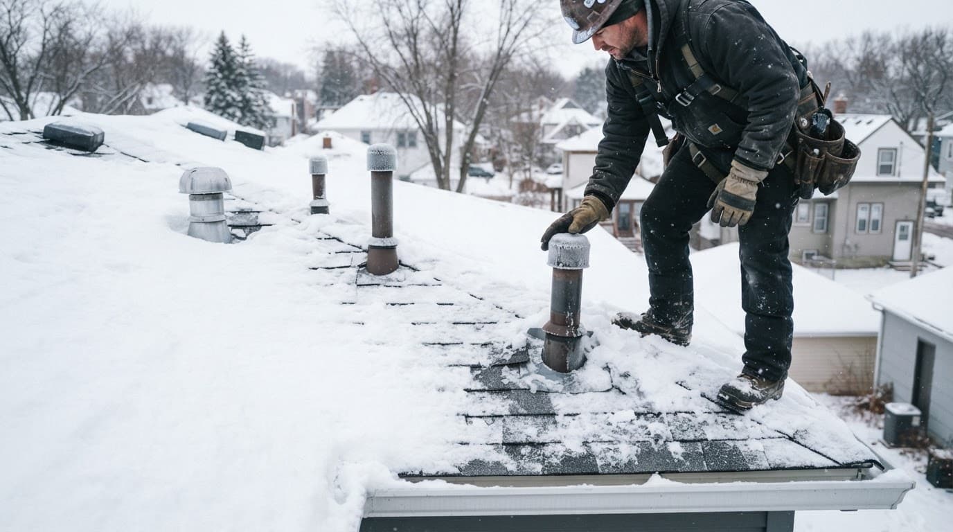 Snow covers a roof with plumbing and bathroom vent pipes along the edge.