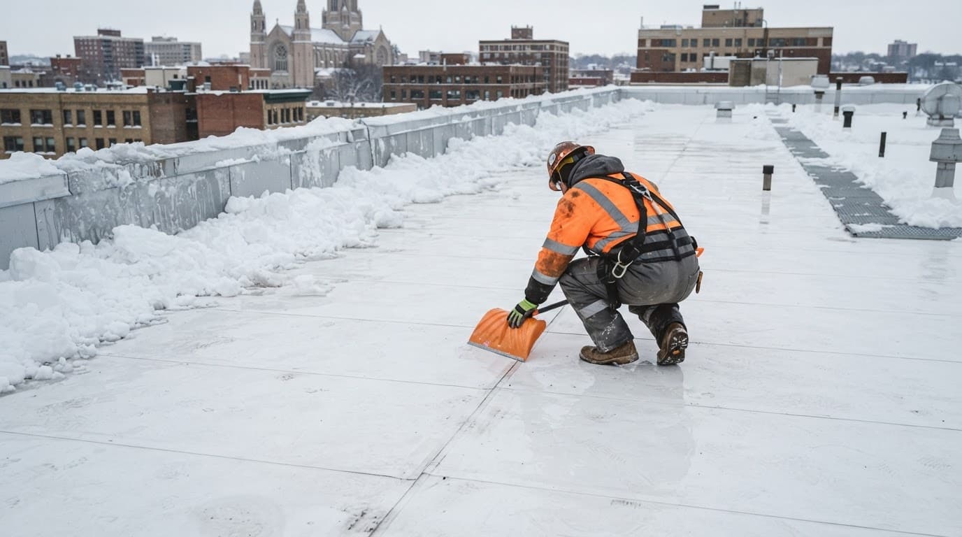 Can TPO Roof Snow Removal Cause Damage in Minnesota? Inspector checks seams on a snowy commercial TPO roof with a plastic shovel.