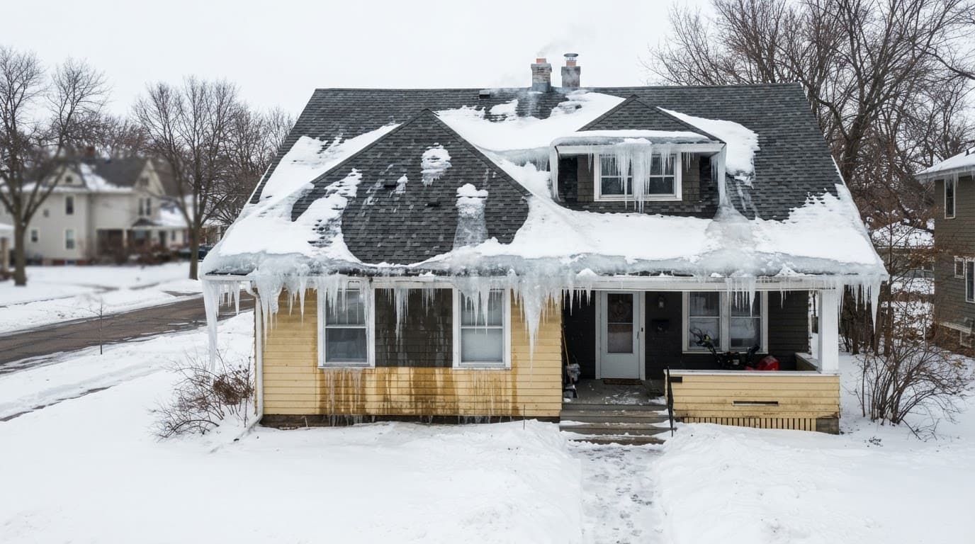 How Can You Tell Winter Roof Damage From Spring Hail Damage? A snowy gabled house with thick frozen ridges along the roof edges.
