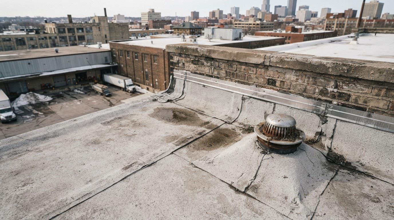 Commercial TPO roof with seams, flashing, drain, and snow-related wear.