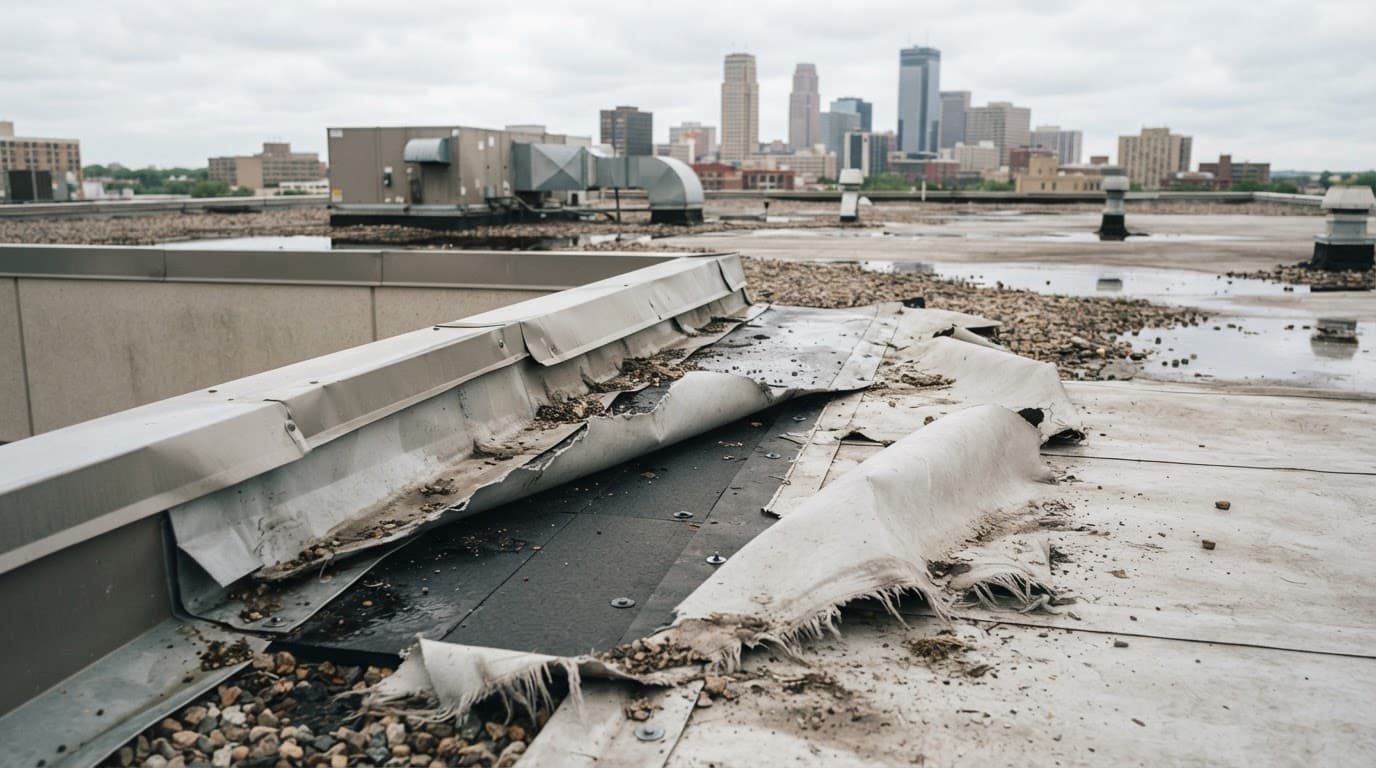 What Should Property Managers Photograph After a Windstorm? Wind-damaged commercial roof with loose membrane, debris, and missing shingles.