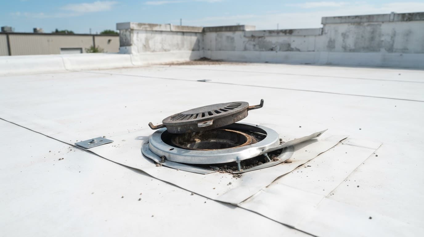 Can Wind Damage Roof Drains on Commercial Buildings Without Immediate Leaks? A shifted roof drain cover and loose flashing on an intact warehouse roof.