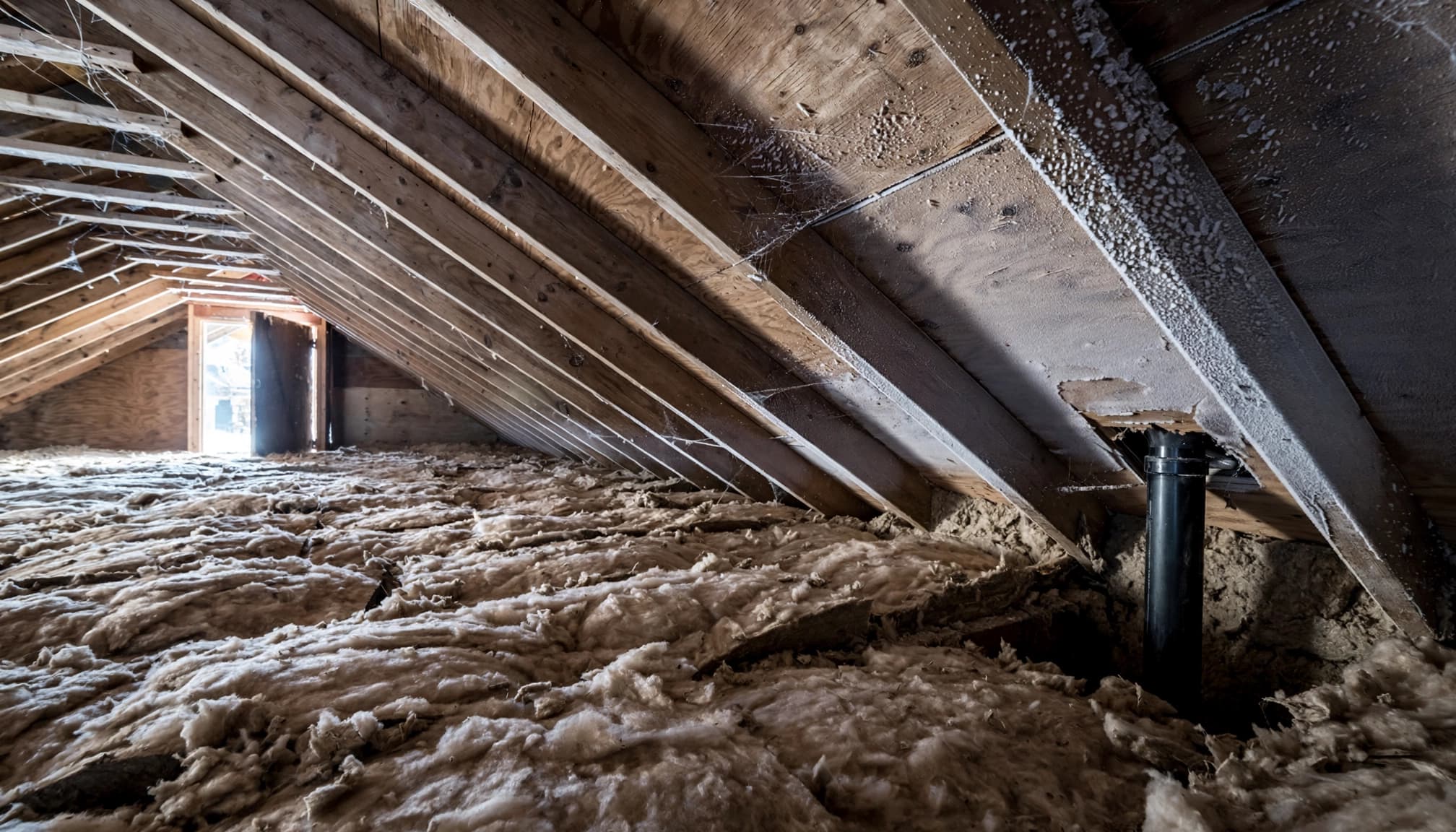 A small gap around a pipe sits beside deep attic insulation under exposed roof rafters.