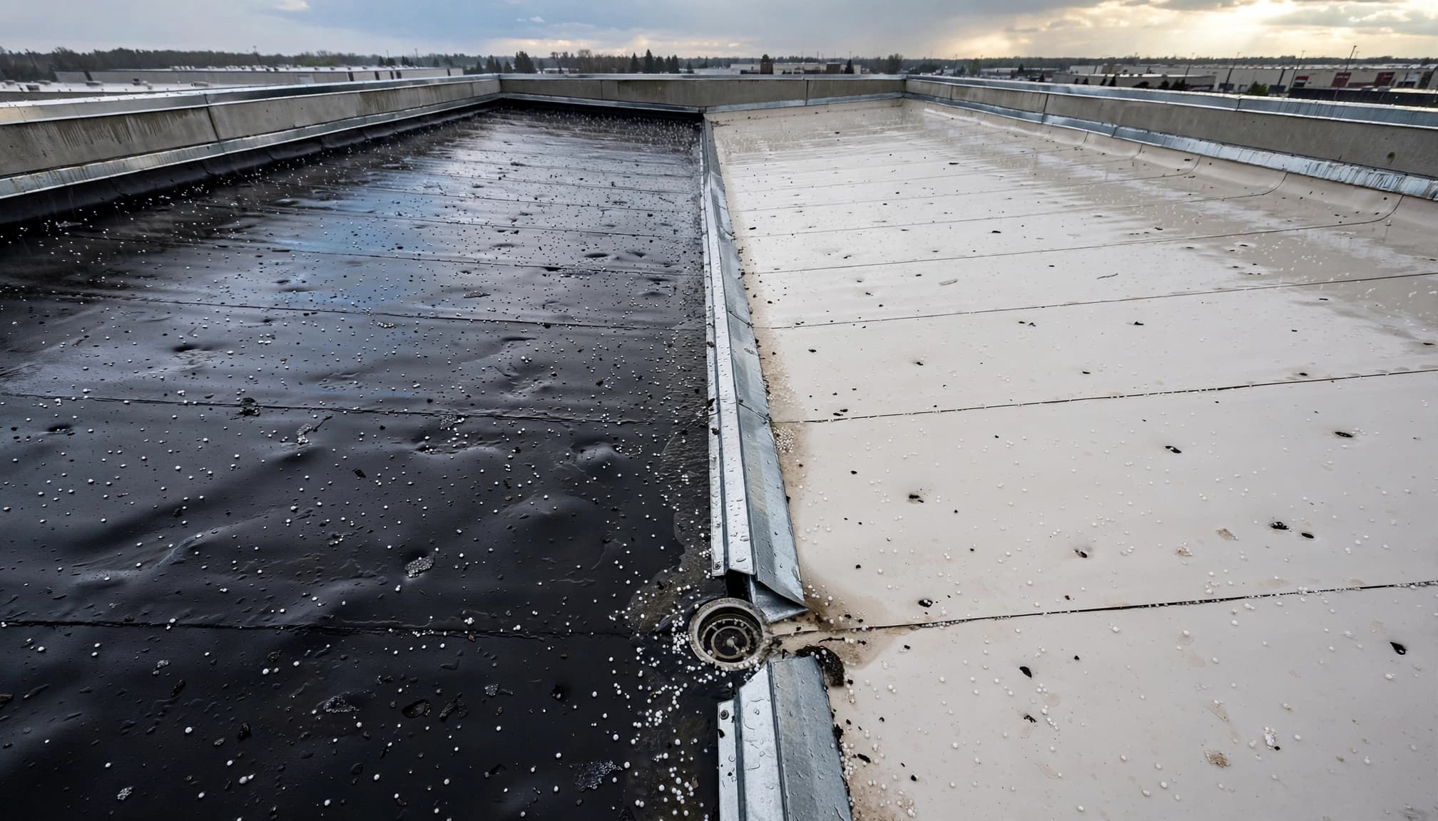 Commercial rooftop showing hail punctures across EPDM and TPO membrane sections.