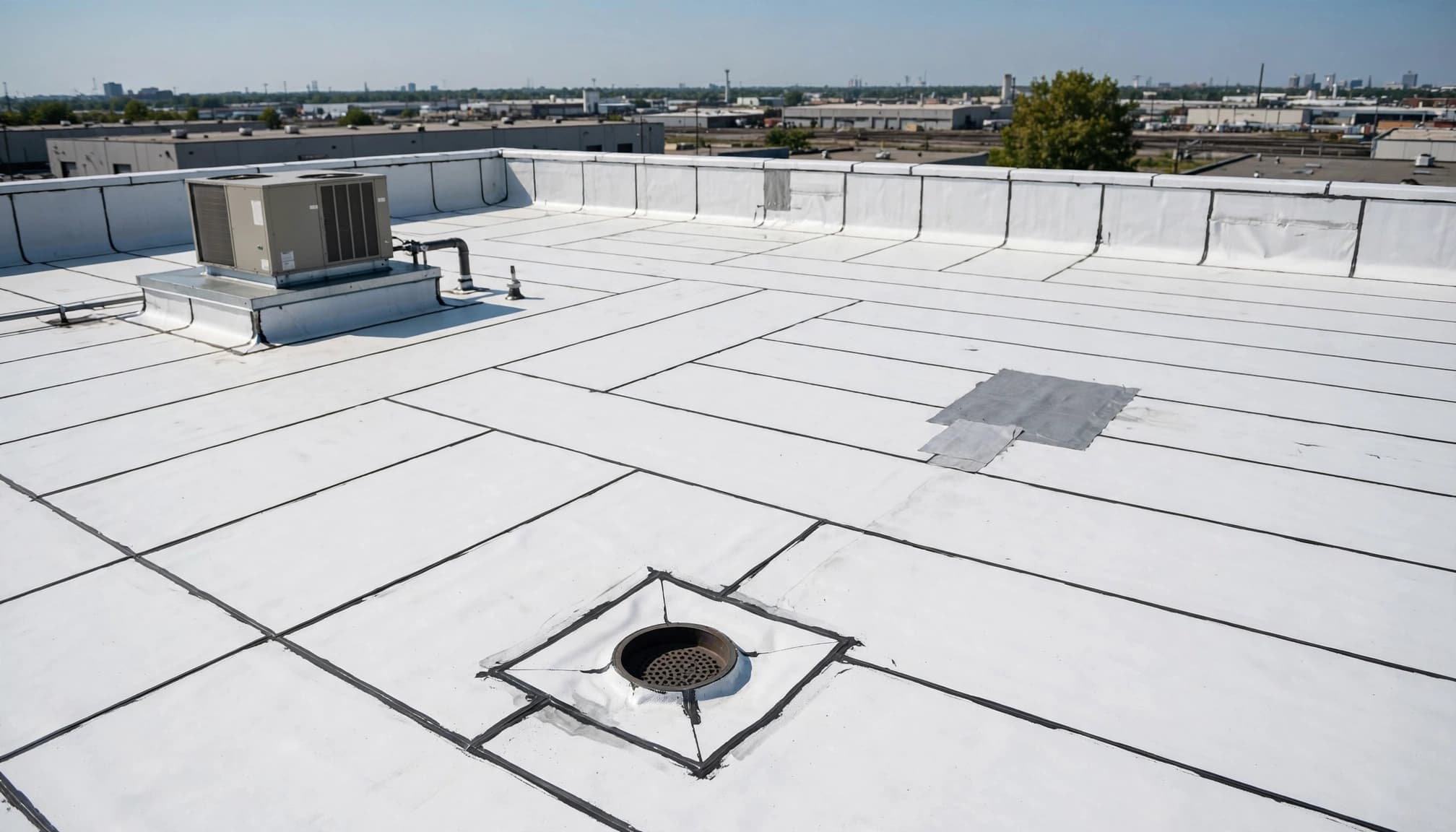 A white commercial roof with a drain, seams, HVAC curb, and small repair patch.