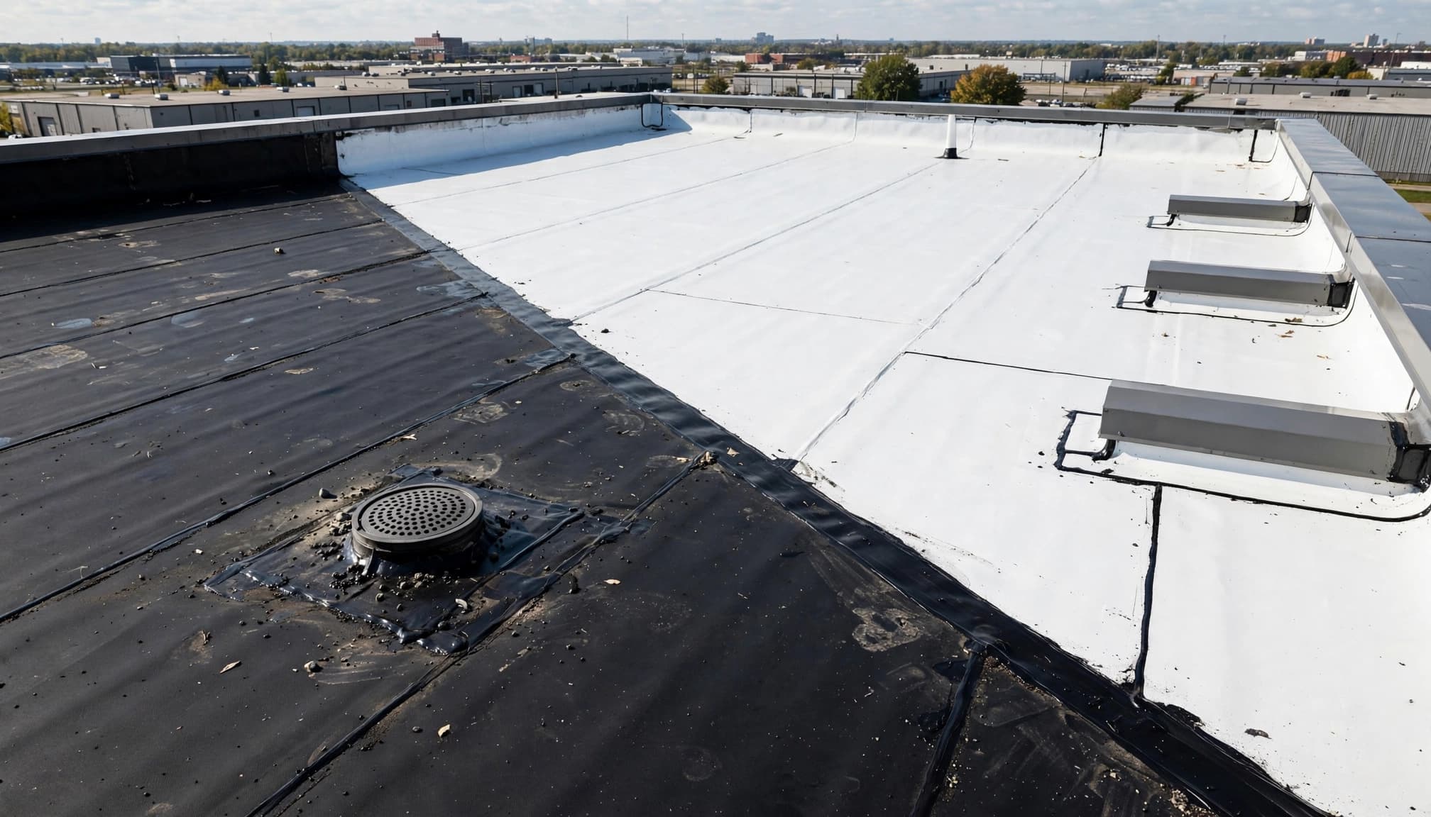 Commercial roof with EPDM and TPO membranes, drains, seams, and HVAC curbs.