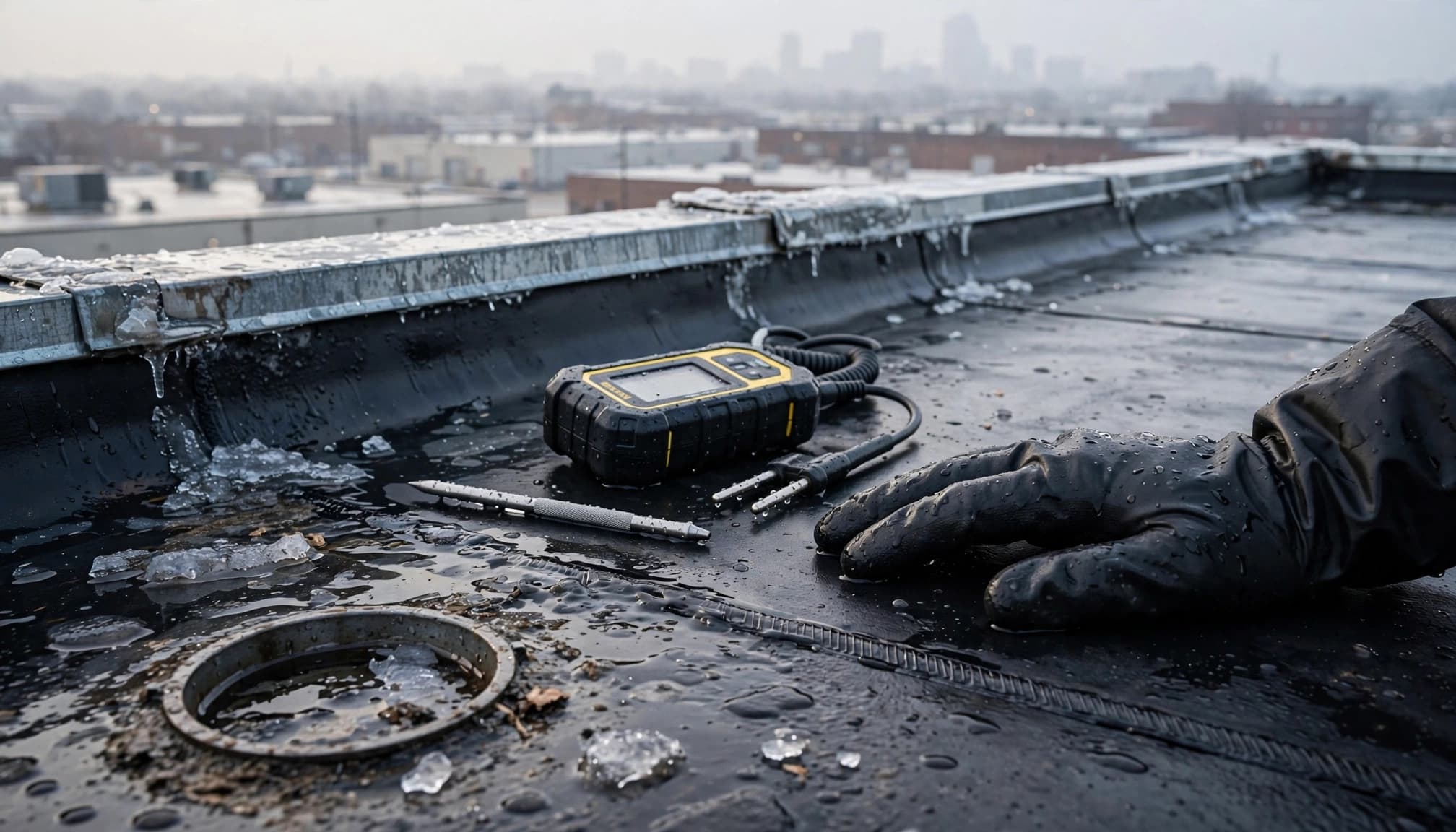 A gloved hand rests beside roof testing tools near a thawing leak.