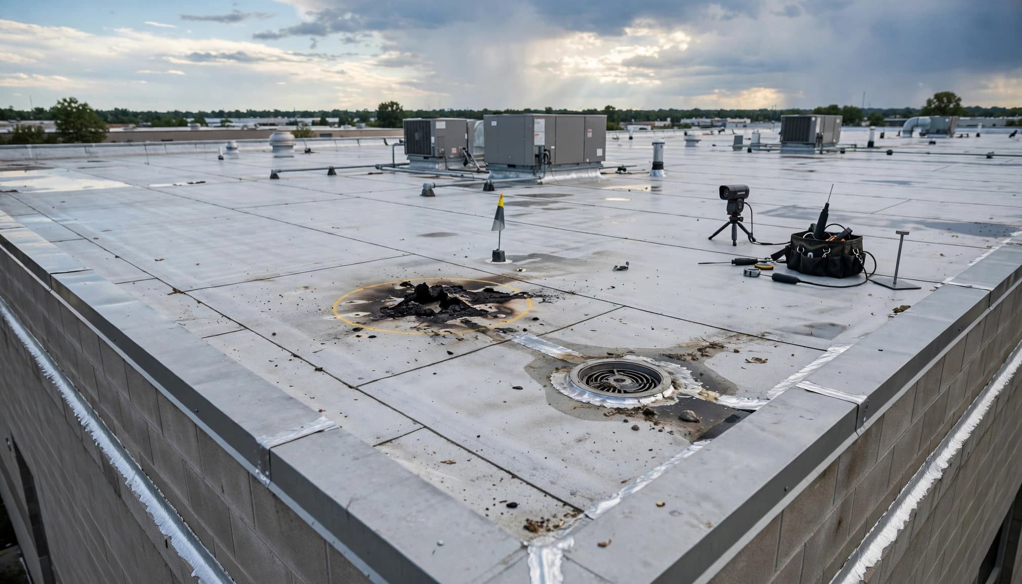Commercial TPO roof with equipment, flashing, drains, and possible lightning damage under storm clouds.