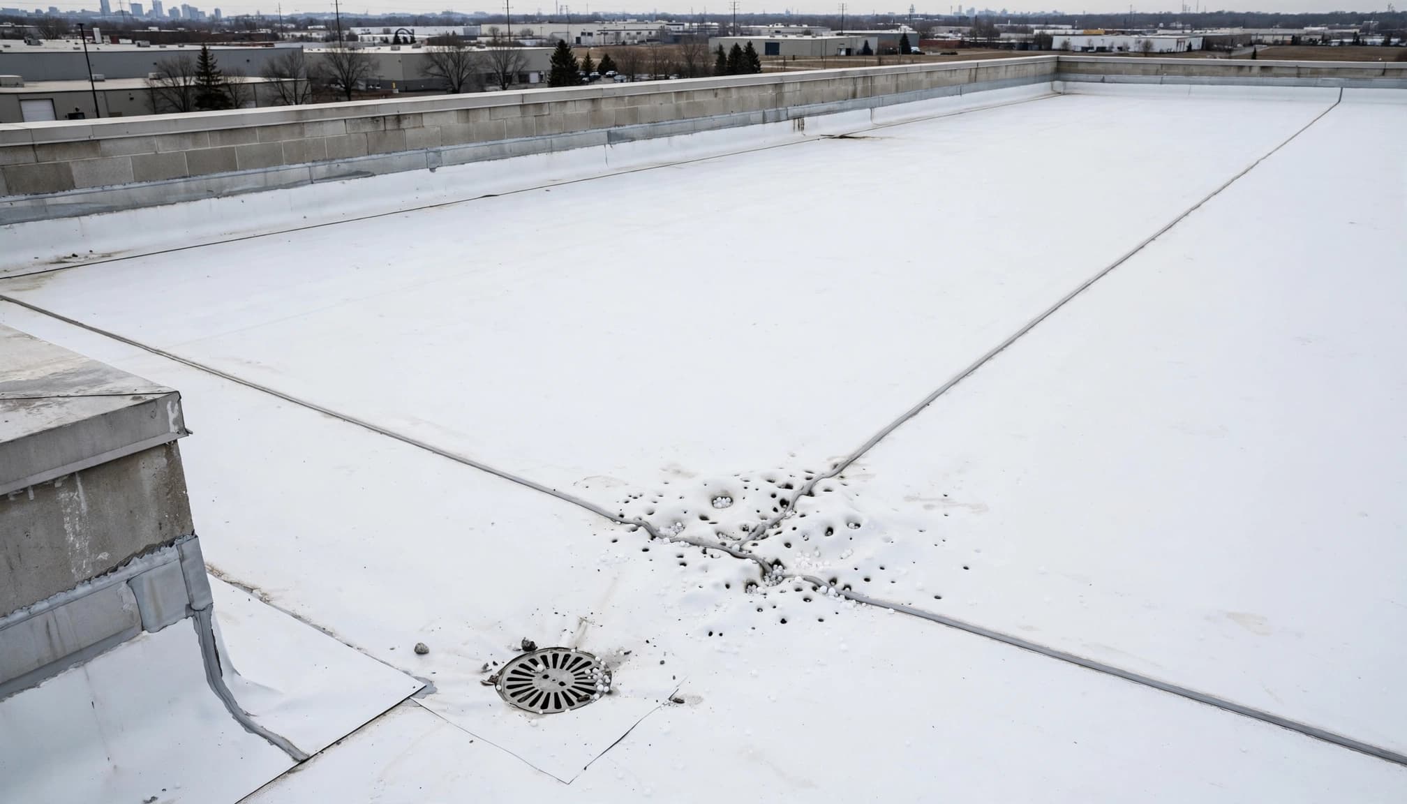Commercial TPO roof with a drain, parapet, seam, and small hail-damaged area.