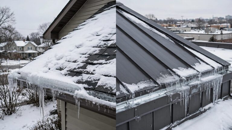 Split view of ice dams on shingle and standing-seam metal roofs.