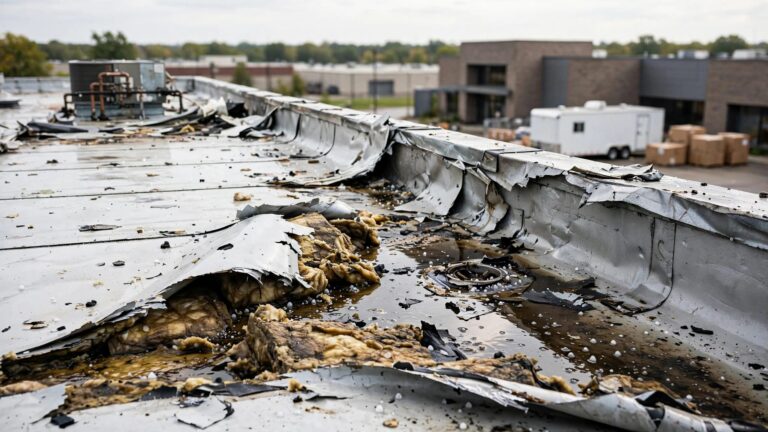 A damaged flat roof with exposed insulation overlooks a temporary workspace trailer and moving boxes.