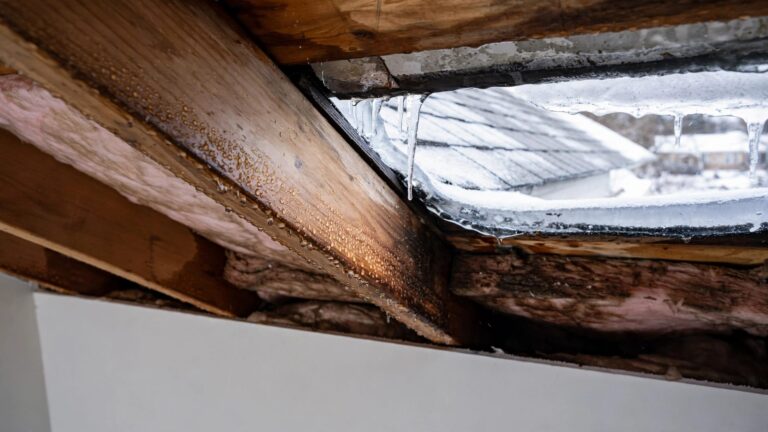 An ice dam outside the attic sits above damp insulation and a clean ceiling.