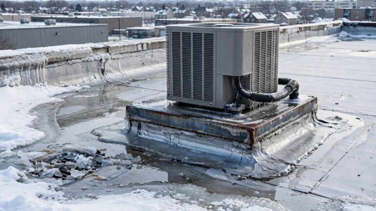 Snow and ice surround a rooftop HVAC curb beside pooled meltwater and a blocked drain.