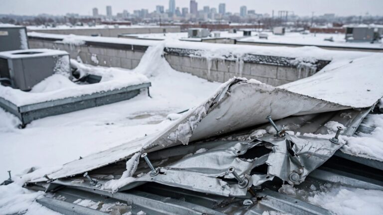 Snow-covered commercial roof with lifted membrane and damaged fasteners.