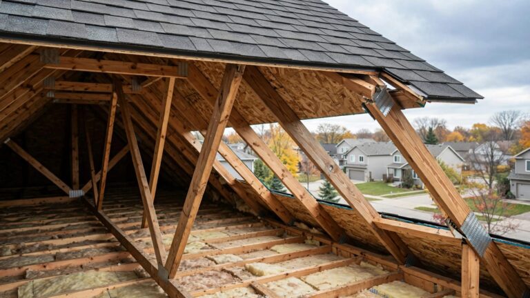 Attic view shows roof trusses with a loose connector and separated wall connection beneath intact shingles.