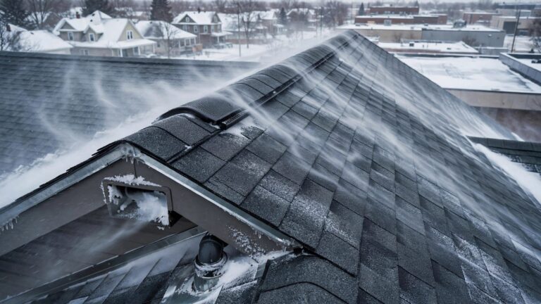 Windblown snow enters the soffit and ridge vents of a snowy St. Paul home.